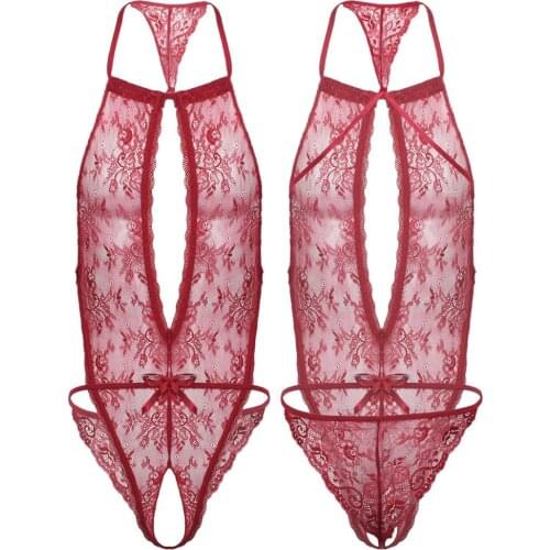 Men Male Sexy T-back Thong Bodysuit Sissy Lace Floral Lingerie Halter Neck Open Crotch Catsuit Hollow Out Nightwear Sleepwear