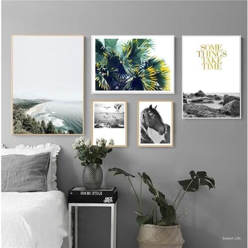 Seagull Blue Sea Water Posters And Prints Green Leaves Wall Art Canvas Painting Black Horse Poster Picture For Modern Home Decor