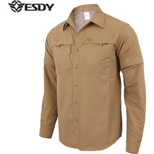 Outdoor Men Detachable Long Sleeve Quick-Dry Shirts Military Tactical Sports Hiking Breathable Anti-UV Removable Cargo Clothes