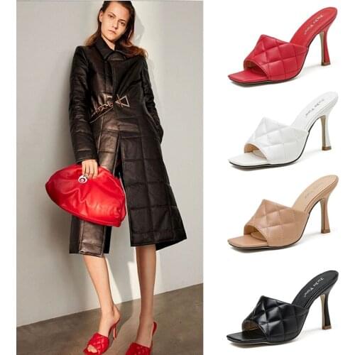 Marian Sqaure Toe Red Quilted Mule Heels Shoe Black PU High Heel Shoes Women Sandals Sliper Woman Shoes zapatos mujer White Blue