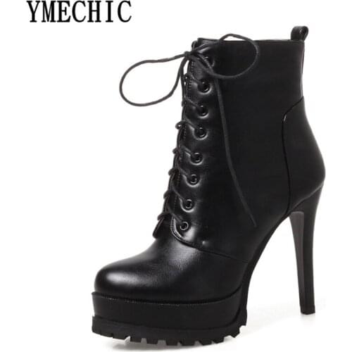 YMECHIC High Heel Leather Boots Women Lace Up Platform Gladiator Party Shoes Woman Thin Thick Heels Lady Ankle Boots Plus Size