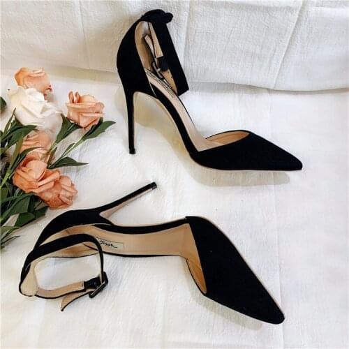 Free shipping fashion women Pumps lady Black suede strappy Pointy toe high heels shoes size33-43 12cm 10cm 8cm Stiletto heeled