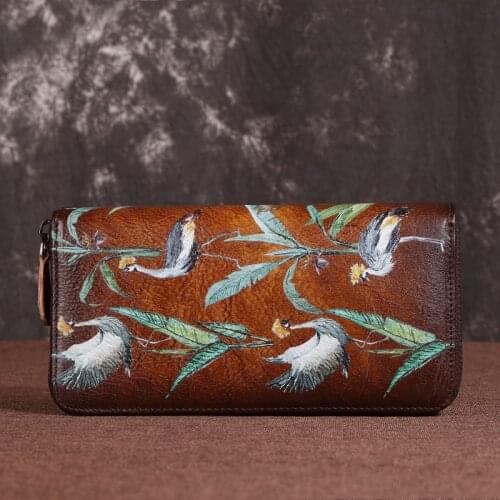 Female Cowhide Purse Clutch Zipper Bag Cash Clips Printing Wrist Bags Credit ID Cards Holder Genuine Leather Long Wallets Women