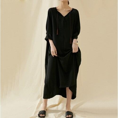 Big Size Dress Women Black Brief Long New O-Neck Three-quarter Sleeve Loose Fit Fashion Tide Spring Summer 2020