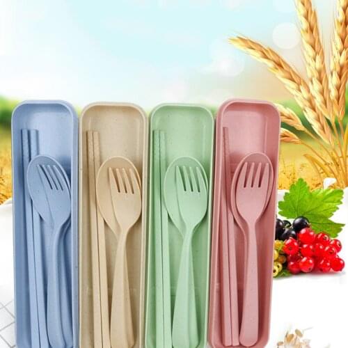3pcs/set baby wheat straw tableware children tableware spoon set tableware cartoon baby food feeding spoon fork portable box