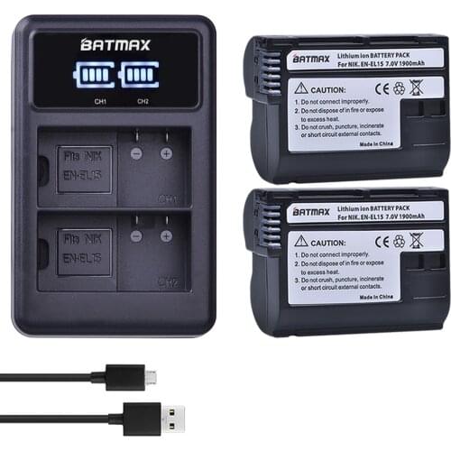 Batmax 2Pcs EN-EL15 EN EL15 ENEL15 Battery + LED Dual USB Charger for Nikon DSLR D600 D610 D800 D800E D810 D750 D7000 D7100 V1