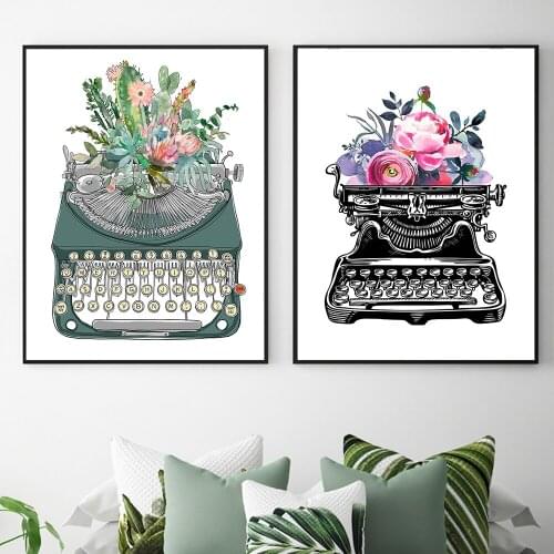 Watercolor Typewriter Flower Cactus Canvas Art Print Nordic Poster And Prints Painting Modern Home Decoration Wall Pictures Gift