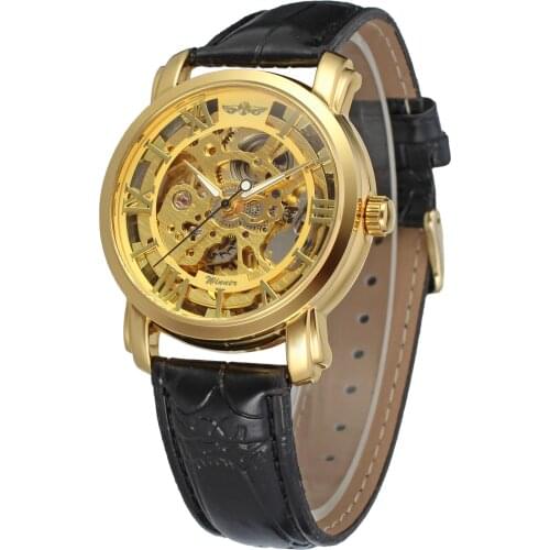 Fashion Top Brand Winner Luxury Gold Dial Fashion Casual Leather Men Mechanical Watch Skeleton Hand Wind For Dress Wristwatches