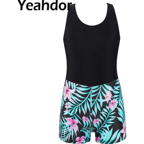 1pcs Kids Girls Sport Jumpsuit Dancewear Round Neck Sleeveless Racer Back Cut Out Back Print Short Jumpsuit Bodysuit Leotard