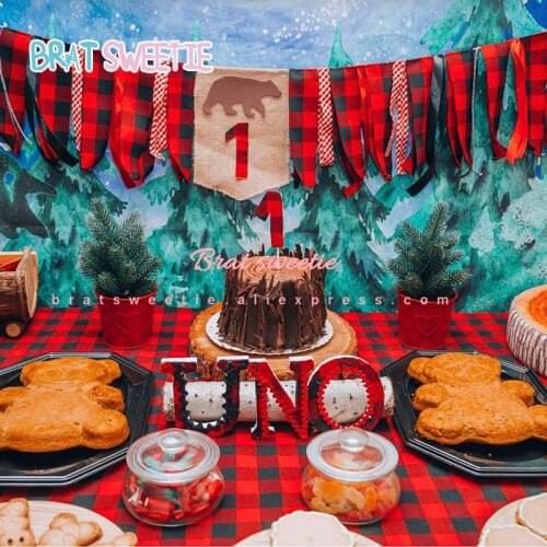 Lumberjack Party Banners Buffalo Plaid Bear Tree Garland Baby Boy 1st Birthday Party Decorations Happy Birthday Cake Toppers