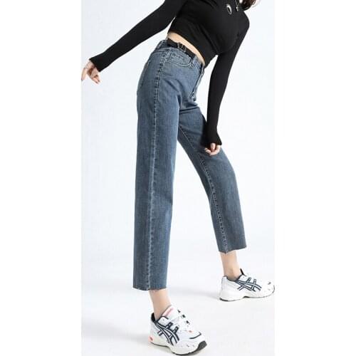 Cotton Elastic Denim Pants Womens Ankle Length Black Straight Jeans Blue High Waist Trousers Spring Casual Wear P8096