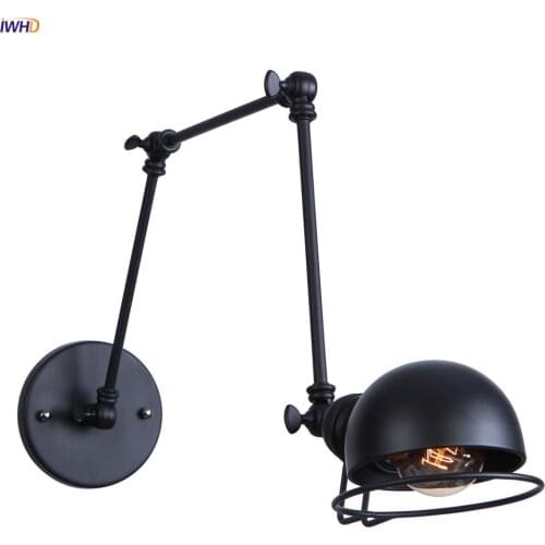 IWHD Loft Decor Indsutrial Retro LED Wall Light bedroom Stair Mirror Black Adjustable Swing Long Arm Wall Lamp Vintage Luminaria