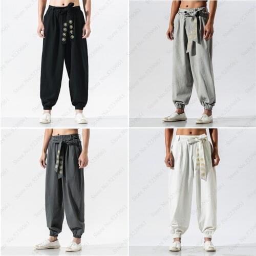 Harajuku Kimono Japanese Costume for Man Wide Leg Pants Casual Bandage Embroidery Loose Linen Trouser Male Harlan Haori Samurai