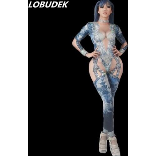 Big Stretch Denim Printing Tight-fitting Jumpsuit Rhinestones Long Sleeve Leotard Stage Wear Nightclub DJ Female Singer Costumes