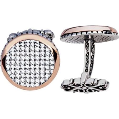 Silver White Zircon Stone Round Cufflinks