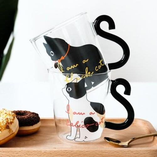 250ML Cute Cat Glass Juice Coffee Cup Milk Tea Coffee Glass Mug Cat Tail Handle Cat Valentines Day Lover Gifts Stainless Spoon