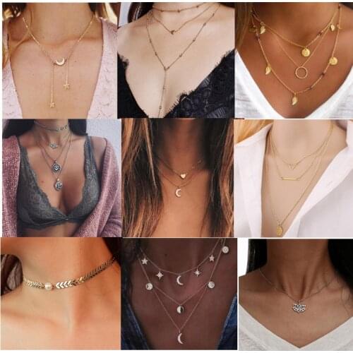Multi Layered Choker Necklace Collar Crystal Star Moon Heart Pendant Statement Necklaces Women Jewelry