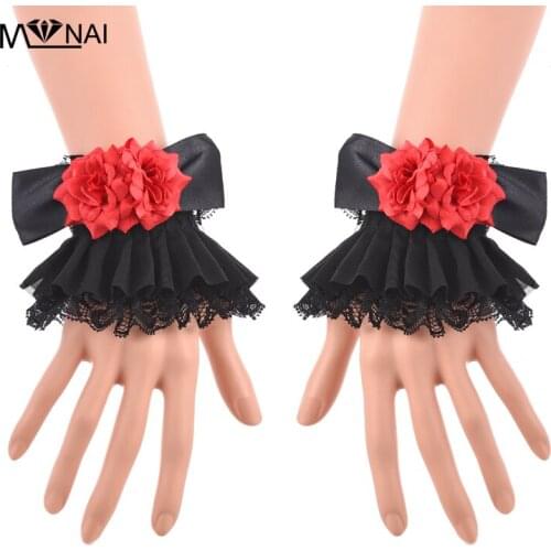 Fashionable Rose Black Bows Decorate Fake Sleeve Lace Lolita Cuffs Victorian Style Wrist Cuff Goth