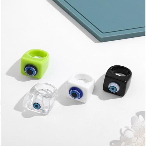 New Trendy Turkish Evil Eye Blue Transparent Resin Round Rings for Women Big Geometric Square Chunky Rings Summer Jewelry Gifts