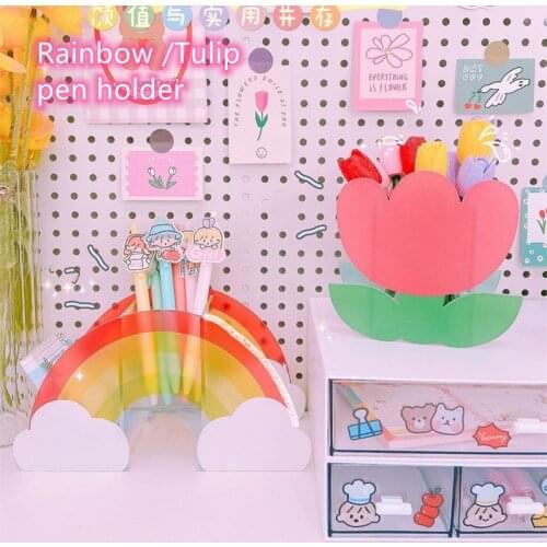 New Acrylic Rainbow Tulip Pen Holder Clear Storage Case Cute Organizer Desktop Decoration School Stationery
