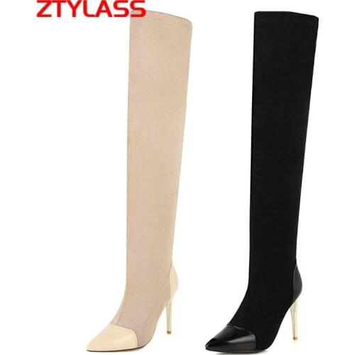 Autumn Women Boots Stretch Boots Sexy Metal Thin High Heel Over The Knee Boots Female Pointed Toe Stretch Boots Black Apricot