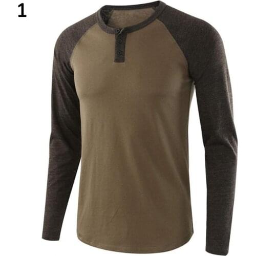 Casual Men Tops Autumn O Neck Long Raglan Sleeve Color Block T-shirt Buttons Pullover футболка 2021