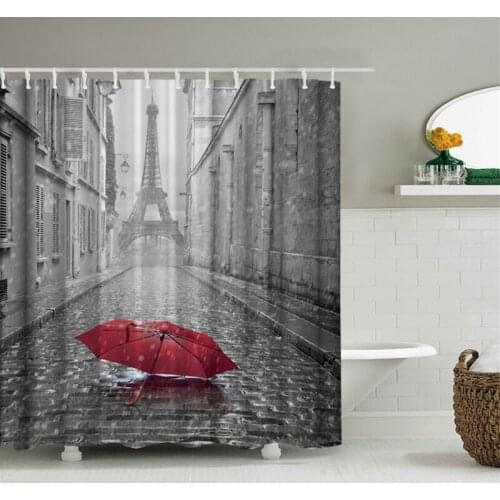 Paris Tower Pattern Printed Shower Curtain with Hook Waterproof Bathroom Curtain Decoration Polyester Shower Curtain
