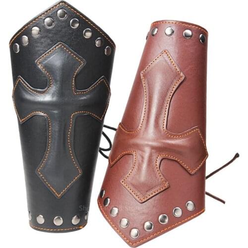 Medieval Armor Wide Cuffs 1Pc Bracers Men Steampunk Warrior Costume Cross Renaissance Knights Templar Leather Lace-up Wristband