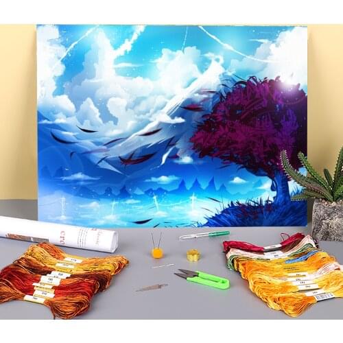 Scenery Blue Wind Printed Fabric 11CT Cross-Stitch DIY Embroidery Complete Kit DMC Threads Sewing Handicraft Painting Magic
