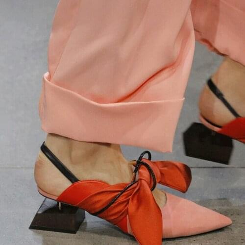 Runway Big Bowtie Bandage Back Strap Pointed Toe pumps irregular block Strange Heels Summer Sandals Banquet Shoes
