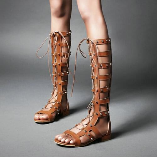 2020 New Women Gladiator Flat Zip Sandals Summer Pu Leather Cross Tied Woman Cover Heels Shoes Ladies Knee Shoes Big Size