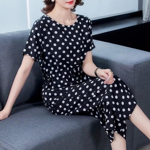 2021 Summer Fashion Women Dots Printing Cotton Short-sleeve Top and High Waist Nine-point Pants Suits Two-piece Sets Y860