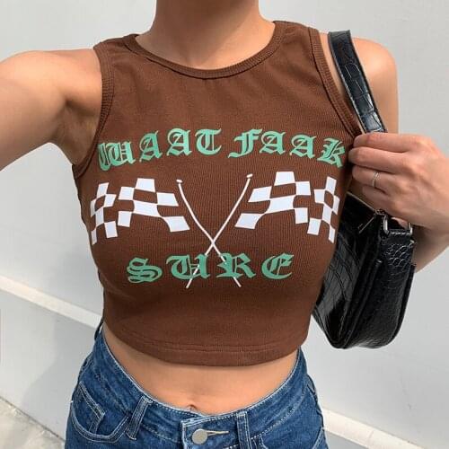 SEASONS Print Sleeveless Cropped Tank Top Women Casual Cotton Fashion Mini Vest Camisole Brown Basic Skinny Streetwear ASVE82885