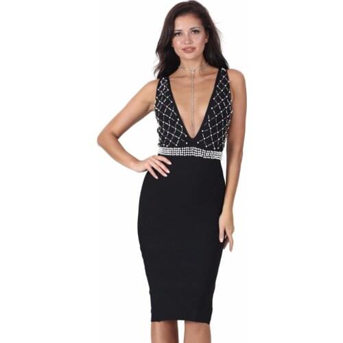 S Curve Pearl Beaded Embellished V Neck Sleeveless Cut Out Bodycon Bandage Dress Sexy Party Club Dress