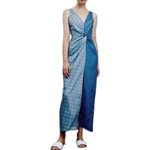 Contrast 2 Colors Patchwork Vintage Dress 2021 Women Blue Print Front Split Midi Dress Sexy Double V Neck Backless Tank Dress