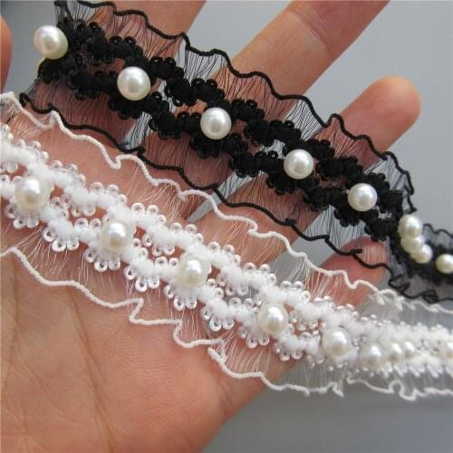 100cm White/black Pearl Beaded Elastic Lace Trim Tape Lace Ribbon Fabric Collar Dress Sewing Garment Headdress Materials