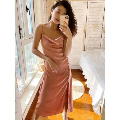 Black Pink Silk Spaghetti Strap Long Dress Women Summer Sexy V-Neck Sleeveless Split Solid Ankle Length Party Dresses 2021 Robe