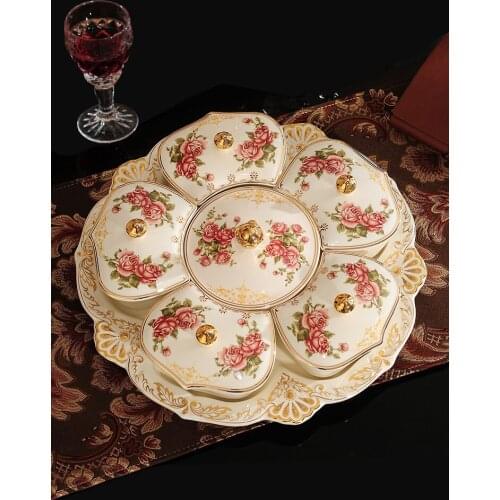 European Luxury Dried Fruit Ceramic Plate 6-grid with Lid Trinket Dish Snack Tray Household Japanese Candy Snacks Seed Plates