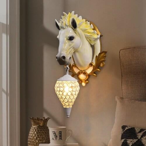 European Retro Animal Resin Wall Lamp Living Room Corridor Aisle Stairs TV Background Wall Lamp Horse Head Decor Wall Sconce