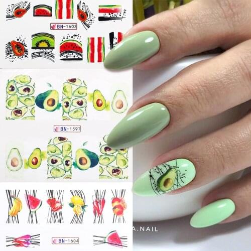 Fruits Summer Nail Water Decals Manicures DIY Lines Avocado Pawpaw Green Nail Art Sticker Slider Decoration For Nail Tips Beauty