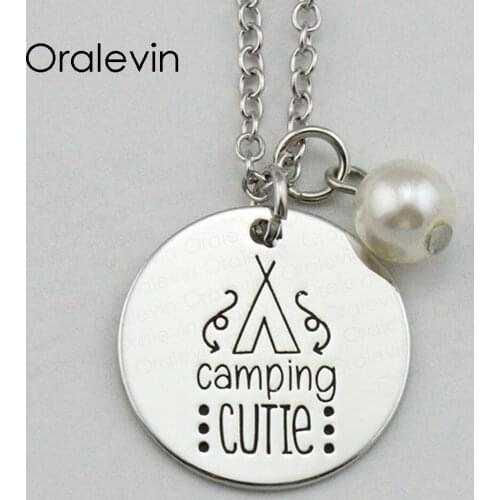 CAMPING CUTIE Inspirational Hand Stamped Engraved Custom Charm Pendant Necklace for Women Gift Jewelry,10Pcs/Lot, #LN2019
