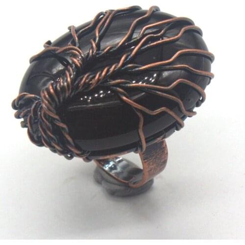 Kraft-beads Copper Handmade Wire Wrap Oval Resizable Ring Black Agates For Party Gift Jewelry