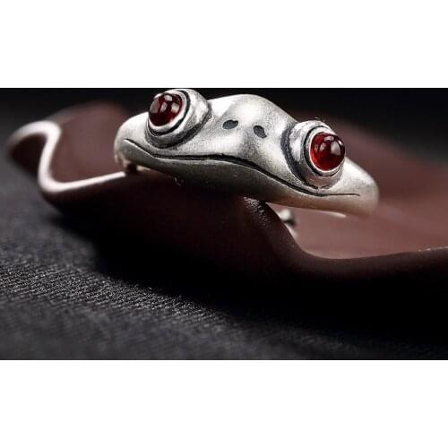 Retro Frog Ring Cute Creative Insect Unisex Red Garnet Stone Adjustable Men Women Rings Fine Jewelry Gift