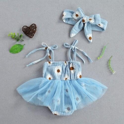 Baby Girls Lace-Up Suspender Romper Fresh Daisy Printing Mesh Yarn Jumpsuits and Headband Summer 2021