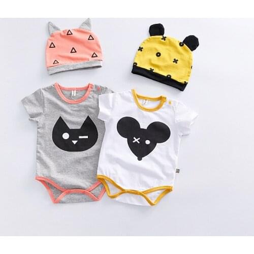 Newborn Baby Clothing Short Sleeve Animal Triangle Romeprs with Hat 2 Pieces Set Toddler Boys Girls Bodies Cotton Jumpsuits