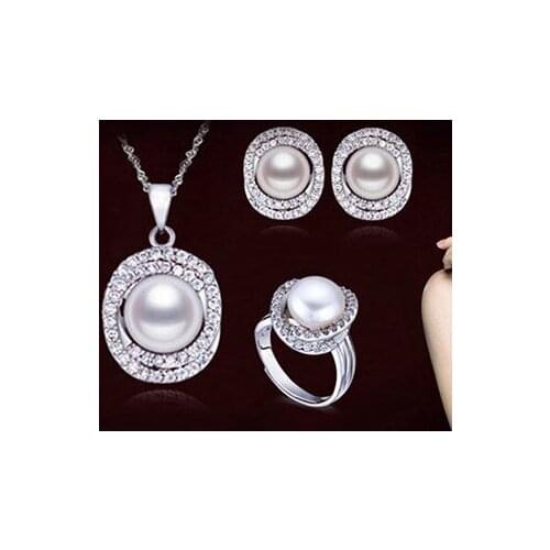 Real Genuine Natural Freshwater Pearl Jewelry Set Necklace Pendant Chain Earrings Ring Fashion Jewelry Set