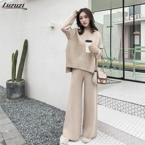 Luzuzi Winter Tracksuit 2 Piece Pant Suits For Women Knitted Long Sleeve Two Piece Set Top And Wide-Leg Pants Women Suit Outwear