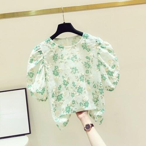 Sweet Style Embroidery Women Blouse Summer New Design 2021 O-Neck Puff Sleeved Slim Elegant Office Lady Pulls Outwear Tops
