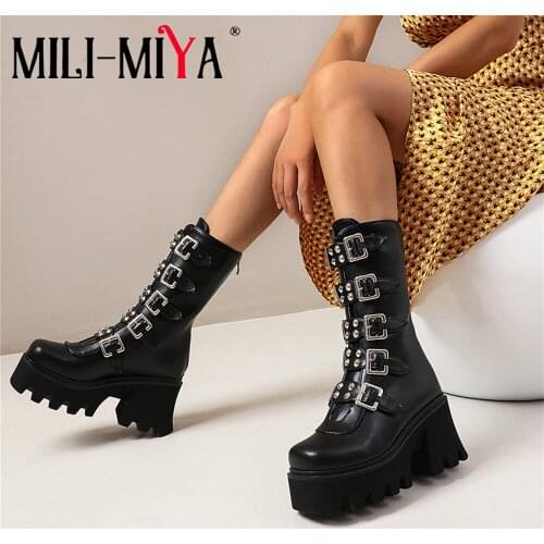 MILI-MIYA Fashion Women Pu Leather Mid-Calf Boots Buckle Strap Zipper Super High Heels Platform Solid Color Plus Size 34-44