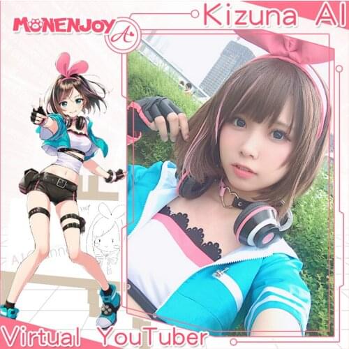 Monenjoy Virtual YouTuber Kizuna AI Cosplay Wig A.I.Games Brown Highlights Pink Cos Hair